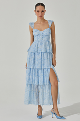 Ruffled Straps Tiered Flounced Slit Maxi Dresses-Blue